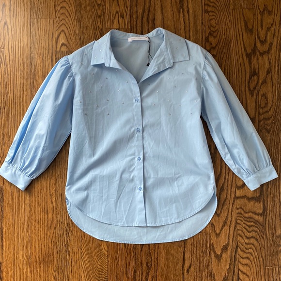 Zara - Blue Poplin Shirt with Gem Detail - Tag says size 10; fits like a 6! - Picture 1 of 5